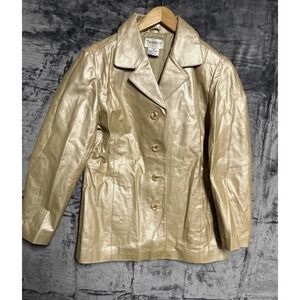 Tribeca Women's Medium Petite Leather Gold Metallic Jacket Button Front Pockets